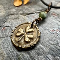 Shamrock Clover Charm, Bronze Wax Seal Charm, Connemara Marble, Irish Celtic Jewelry, Leather & Vegan Cords, Handmade, Soul Harbor Jewelry