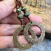 Bronze Hoop Earrings, Blue Green Czech Glass, Hypoallergenic Ear Wires, Earthy Boho Jewelry, Rustic, Tribal Textured, Dangle Drop Hoops