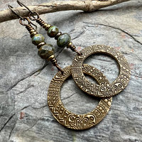 Bronze Hoop Earrings, Blue Green Czech Glass, Hypoallergenic Ear Wires, Earthy Boho Jewelry, Rustic, Tribal Textured, Dangle Drop Hoops