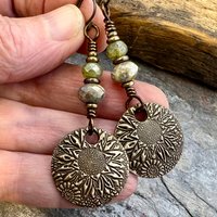 Sunflower Earrings, Bronze Discs, Czech Glass, Hypoallergenic Ear Wires, Boho Earthy, Rustic Organic Jewelry, Green Witch, Everyday Wear