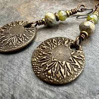 Sunflower Earrings, Bronze Discs, Czech Glass, Hypoallergenic Ear Wires, Boho Earthy, Rustic Organic Jewelry, Green Witch, Everyday Wear