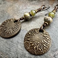 Sunflower Earrings, Bronze Discs, Czech Glass, Hypoallergenic Ear Wires, Boho Earthy, Rustic Organic Jewelry, Green Witch, Everyday Wear