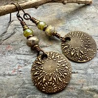 Sunflower Earrings, Bronze Discs, Czech Glass, Hypoallergenic Ear Wires, Boho Earthy, Rustic Organic Jewelry, Green Witch, Everyday Wear