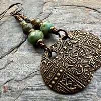 Bronze Disc Earrings, Faceted Czech Glass, Hypoallergenic, Niobium Ear Wires, Earthy Boho Jewelry, Rustic Tribal Textured, Domed Round