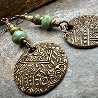 Bronze Disc Earrings, Faceted Czech Glass, Hypoallergenic, Niobium Ear Wires, Earthy Boho Jewelry, Rustic Tribal Textured, Domed Round