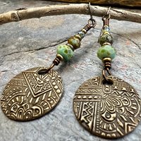 Bronze Disc Earrings, Faceted Czech Glass, Hypoallergenic, Niobium Ear Wires, Earthy Boho Jewelry, Rustic Tribal Textured, Domed Round
