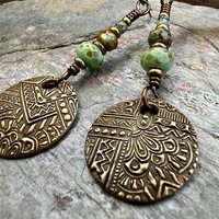 Bronze Disc Earrings, Faceted Czech Glass, Hypoallergenic, Niobium Ear Wires, Earthy Boho Jewelry, Rustic Tribal Textured, Domed Round