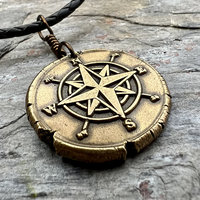 Compass Rose Charm, Bronze Compass Necklace, Nautical Sailing Sea, Protection Guidance Talisman, Men's Unisex Jewelry, Rustic Seaworn
