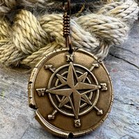 Compass Rose Charm, Bronze Compass Necklace, Nautical Sailing Sea, Protection Guidance Talisman, Men's Unisex Jewelry, Rustic Seaworn