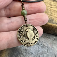 Raven Charm, Bronze Necklace, Tree Branch Bird, Connemara Marble, Irish Celtic Jewelry, Crow Blackbird, Disc Charm, Pagan Wicca Pendant