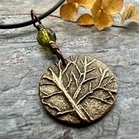 Tree of Life Charm, Bronze Necklace, Tree Branches, Czech Glass Bead, Disc Charm Pendant, Hand Carved, Celtic Witch, Pagan Druid, Earth Love