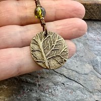 Tree of Life Charm, Bronze Necklace, Tree Branches, Czech Glass Bead, Disc Charm Pendant, Hand Carved, Celtic Witch, Pagan Druid, Earth Love