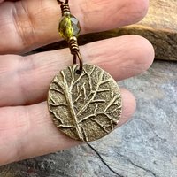 Tree of Life Charm, Bronze Necklace, Tree Branches, Czech Glass Bead, Disc Charm Pendant, Hand Carved, Celtic Witch, Pagan Druid, Earth Love