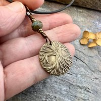 Tree of Life Charm, Bronze Necklace, Tree Branches, Czech Glass Bead, Disc Charm Pendant, Hand Carved, Celtic Witch, Pagan Druid, Earth Love