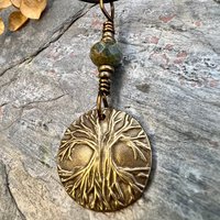 Tree of Life Charm, Bronze Necklace, Tree Branches, Czech Glass Bead, Disc Charm Pendant, Hand Carved, Celtic Witch, Pagan Druid, Earth Love