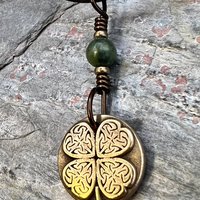 Four Leaf Clover, Bronze Necklace, Wax Seal Charm, Connemara Marble, Irish Celtic Jewelry, Lucky Charm, Celtic Witch, Irish Shamrock Luck