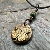 Four Leaf Clover, Bronze Necklace, Wax Seal Charm, Connemara Marble, Irish Celtic Jewelry, Lucky Charm, Celtic Witch, Irish Shamrock Luck