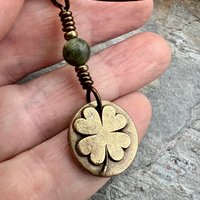 Four Leaf Clover, Bronze Necklace, Wax Seal Charm, Connemara Marble, Irish Celtic Jewelry, Lucky Charm, Celtic Witch, Irish Shamrock Luck
