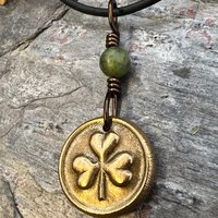 Shamrock Clover Charm, Bronze Wax Seal Charm, Connemara Marble, Irish Celtic Jewelry, Leather & Vegan Cords, Handmade, Soul Harbor Jewelry