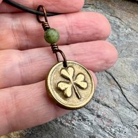 Shamrock Clover Charm, Bronze Wax Seal Charm, Connemara Marble, Irish Celtic Jewelry, Leather & Vegan Cords, Handmade, Soul Harbor Jewelry