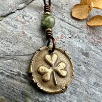Shamrock Clover Charm, Bronze Wax Seal Charm, Connemara Marble, Irish Celtic Jewelry, Leather & Vegan Cords, Handmade, Soul Harbor Jewelry