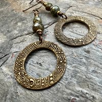 Bronze Hoop Earrings, Blue Green Czech Glass, Hypoallergenic Ear Wires, Earthy Boho Jewelry, Rustic, Tribal Textured, Dangle Drop Hoops