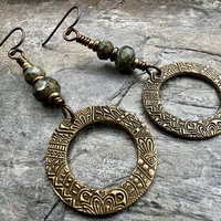 Bronze Hoop Earrings, Blue Green Czech Glass, Hypoallergenic Ear Wires, Earthy Boho Jewelry, Rustic, Tribal Textured, Dangle Drop Hoops