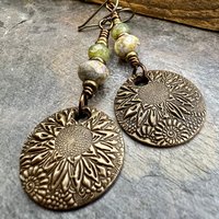 Sunflower Earrings, Bronze Discs, Czech Glass, Hypoallergenic Ear Wires, Boho Earthy, Rustic Organic Jewelry, Green Witch, Everyday Wear