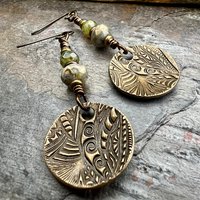 Sunflower Earrings, Bronze Discs, Czech Glass, Hypoallergenic Ear Wires, Boho Earthy, Rustic Organic Jewelry, Green Witch, Everyday Wear
