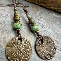 Bronze Disc Earrings, Faceted Czech Glass, Hypoallergenic, Niobium Ear Wires, Earthy Boho Jewelry, Rustic Tribal Textured, Domed Round