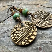Bronze Disc Earrings, Faceted Czech Glass, Hypoallergenic, Niobium Ear Wires, Earthy Boho Jewelry, Rustic Tribal Textured, Domed Round