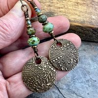 Bronze Disc Earrings, Faceted Czech Glass, Hypoallergenic, Niobium Ear Wires, Earthy Boho Jewelry, Rustic Tribal Textured, Domed Round