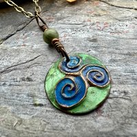 Triskele Pendant, Triskelion, Triple Spiral, Copper Patina, Irish Celtic Jewelry, Czech Glass Bead, Pagan Wicca, Triple Goddess Charm