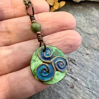 Triskele Pendant, Triskelion, Triple Spiral, Copper Patina, Irish Celtic Jewelry, Czech Glass Bead, Pagan Wicca, Triple Goddess Charm