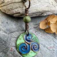 Triskele Pendant, Triskelion, Triple Spiral, Copper Patina, Irish Celtic Jewelry, Czech Glass Bead, Pagan Wicca, Triple Goddess Charm
