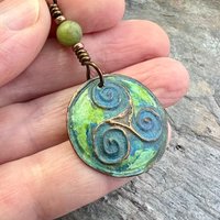 Triskele Pendant, Triskelion, Triple Spiral, Copper Patina, Irish Celtic Jewelry, Connemara Marble, Pagan Wicca, Triple Goddess Charm