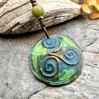 Triskele Pendant, Triskelion, Triple Spiral, Copper Patina, Irish Celtic Jewelry, Connemara Marble, Pagan Wicca, Triple Goddess Charm