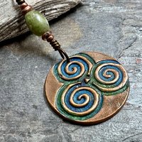 Triskele Copper Pendant, Verdigris Patina, Connemara Marble, Triskelion Triple Spiral, Irish Celtic Pagan, Newgrange Ireland, Celtic Witch