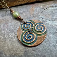 Triskele Copper Pendant, Verdigris Patina, Connemara Marble, Triskelion Triple Spiral, Irish Celtic Pagan, Newgrange Ireland, Celtic Witch