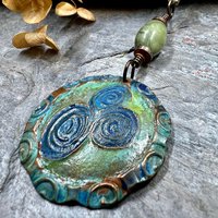 Newgrange Spirals, Copper Pendant, Connemara Marble, Triple Spiral, Irish Celtic Jewelry, Verdigris Patina, Blue Green Copper, Pagan Witch