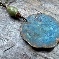 Newgrange Spirals, Copper Pendant, Connemara Marble, Triple Spiral, Irish Celtic Jewelry, Verdigris Patina, Blue Green Copper, Pagan Witch