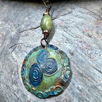 Newgrange Spirals, Copper Pendant, Connemara Marble, Triple Spiral, Irish Celtic Jewelry, Verdigris Patina, Blue Green Copper, Pagan Witch
