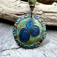 Newgrange Spirals, Copper Pendant, Connemara Marble, Triple Spiral, Irish Celtic Jewelry, Verdigris Patina, Blue Green Copper, Pagan Witch