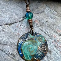 Celtic Spirals Pendant, Copper Patina, Irish Celtic, Pagan Wicca, Czech Glass, Witchy Earthy, Hand Carved, One of a Kind Art Jewelry