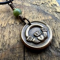 Bronze Claddagh Charm, Wax Seal Charm, Connemara Marble, Irish Celtic Jewelry, Pagan, 8th Anniversary, Love, Friendship, Loyalty, Handmade