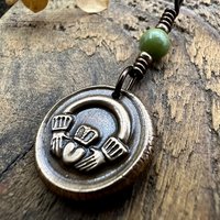 Bronze Claddagh Charm, Wax Seal Charm, Connemara Marble, Irish Celtic Jewelry, Pagan, 8th Anniversary, Love, Friendship, Loyalty, Handmade