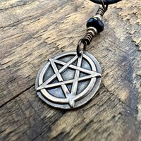 Pentagram Bronze Charm, Pentacle Pendant, Black Crystal Bead, Leather & Vegan Cords, Pagan Wicca, 5 Elements Star, Handmade, Witchy Things