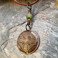 Copper Celtic Cross, Wax Seal Charm, Connemara Marble, Irish Celtic, Copper Cross Necklace, Leather & Vegan Cords, Handmade Art Jewelry
