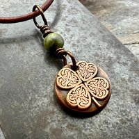 Four Leaf Heart Clover, Copper Wax Seal Charm, Connemara Marble, Irish Celtic Jewelry, 4 Leaf Clover, Lucky Charm, Leather & Vegan Cords