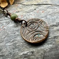 Triskele Pendant, Triskelion, Triple Spiral, Copper Patina, Irish Celtic Jewelry, Czech Glass Bead, Pagan Wicca, Triple Goddess Charm